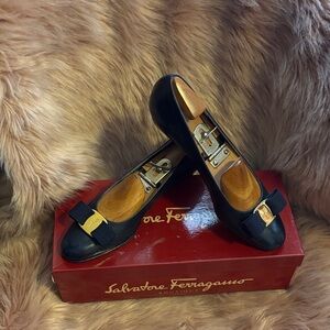 Salvatore Ferragamo Black Vara Bow Flats with Gold Accent